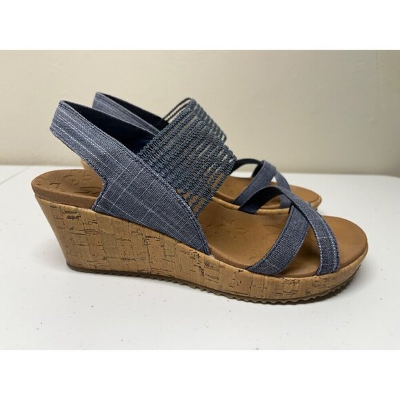 Skechers Womens 8 Beverlee High Tea Wedge Strappy Sandals Blue Luxe Foam - Picture 3 of 9